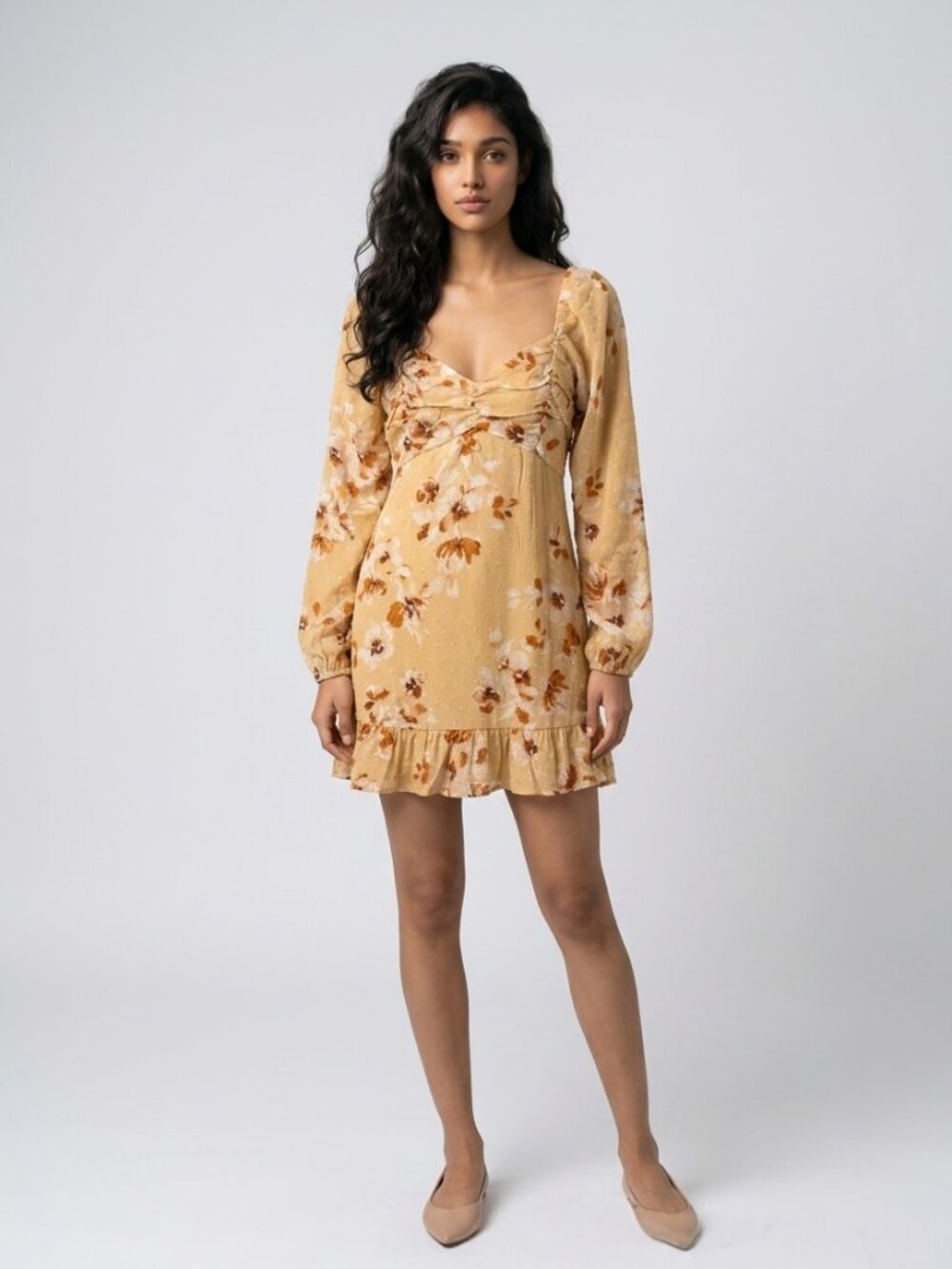 NEW Peach Love Beige Floral Cutout Tie Back Ruffle Hem Mini Dress Juniors M